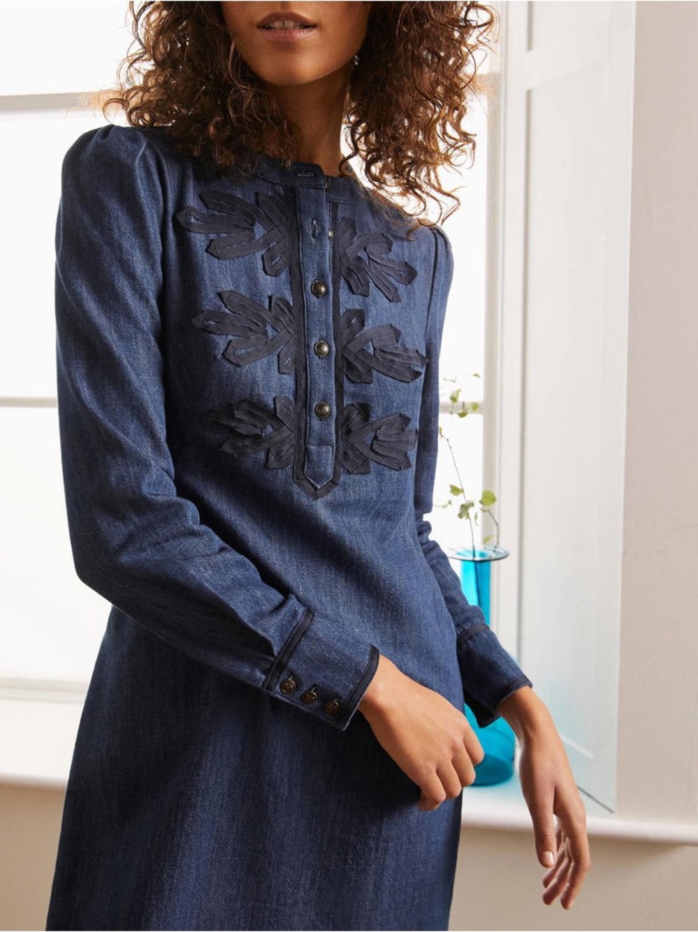 Boden Samantha Denim Dress US 12 Long Sleeve Embroidered Casual Midi Cotton - Picture 1 of 7